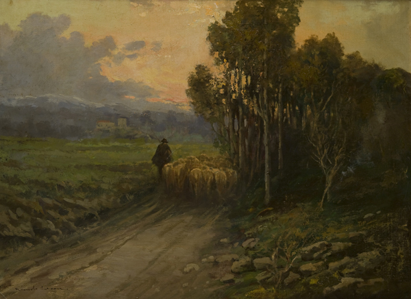 Pastore con gregge in un paesaggio di campagna