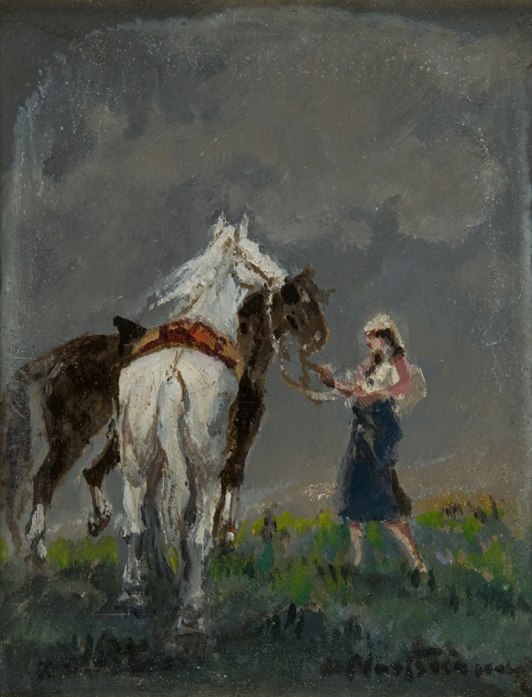 Giovane contadina con due cavalli