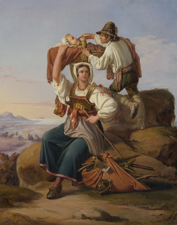 Famiglia di contadini della Campagna Romana nel paesaggio con il promontorio del Circeo sullo sfondo