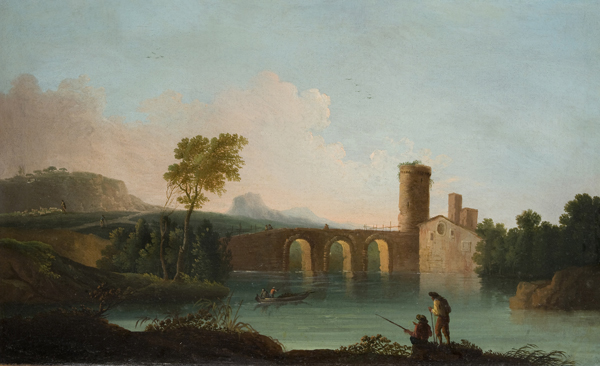 Ponte Milvio a Roma; e Paesaggio fluviale con ponte e pescatori