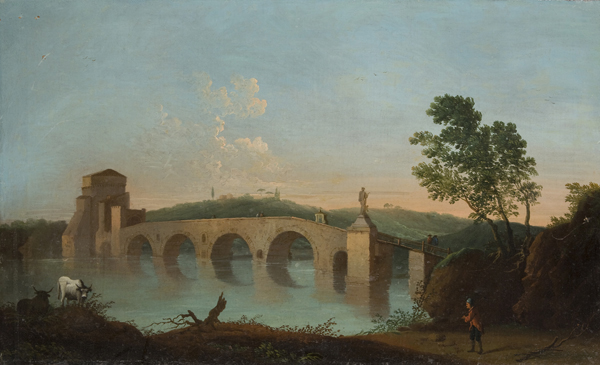 Ponte Milvio a Roma; e Paesaggio fluviale con ponte e pescatori