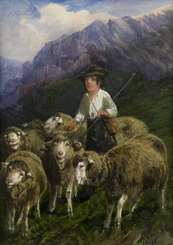 Giovane pastore con gregge di pecore in un paesaggio di montagna