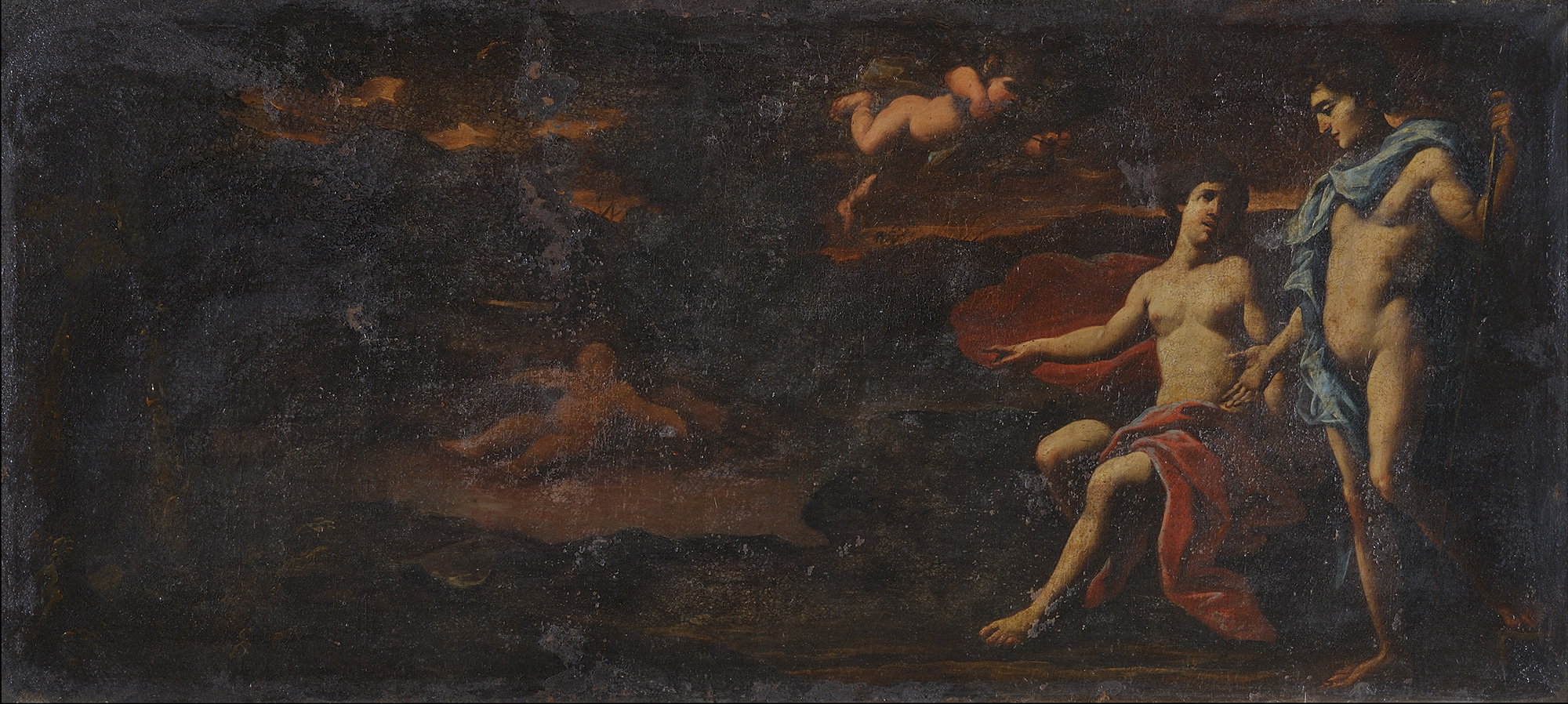 Coppia di sopraporte con scene mitologiche: Mercurio e Argo e un altro episodio non identificato